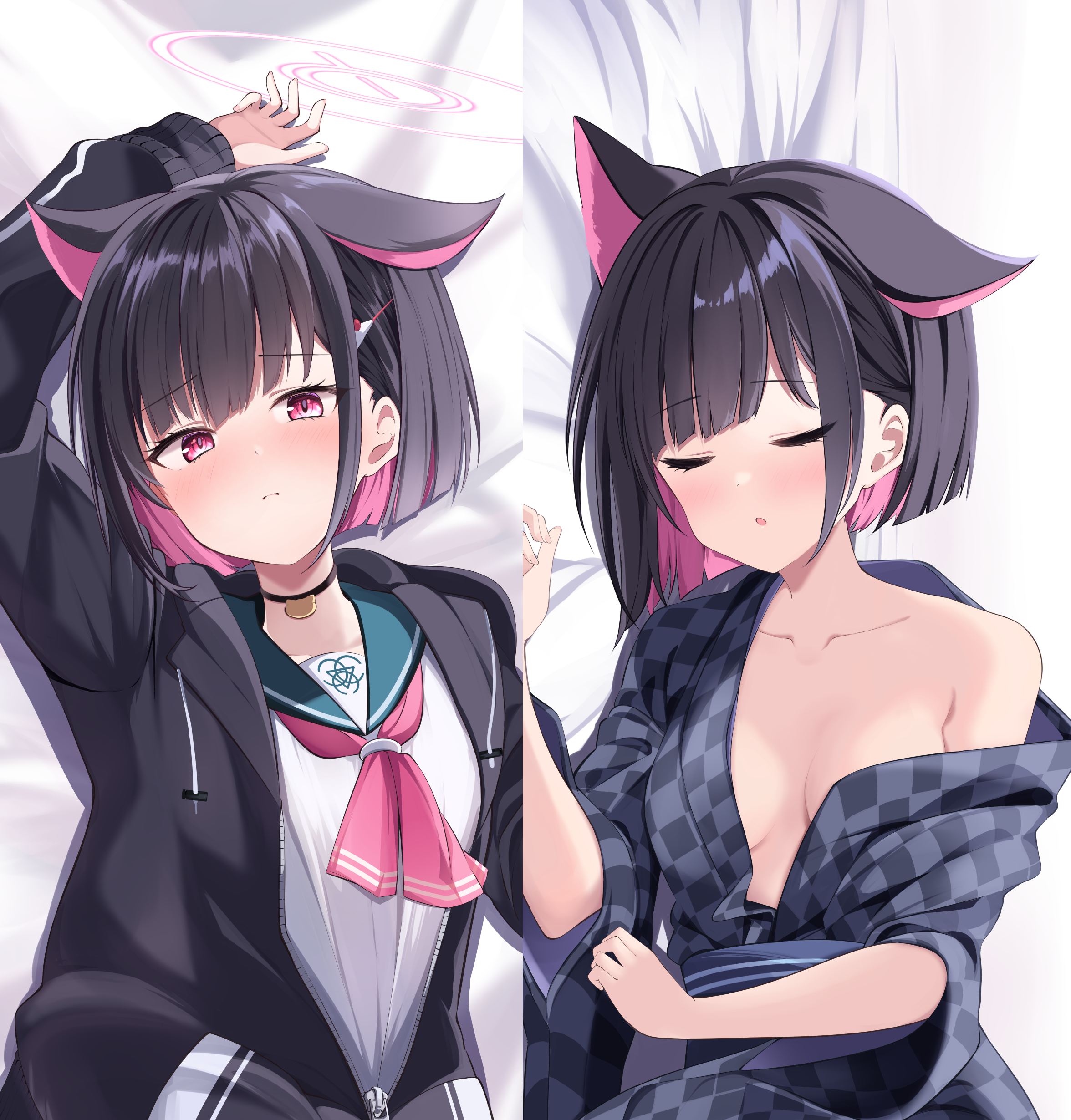 1girl :o absurdres acchii_(akina) alternate_costume animal_ears arm_up bath_yukata bed_sheet black_choker black_hair black_hoodie blue_archive blunt_bangs blunt_ends blush bob_cut breasts breasts_apart cat_choker cat_ears cat_girl choker closed_eyes closed_mouth colored_inner_hair commentary_request dakimakura_(medium) extra_ears eyelashes green_sailor_collar hair_ornament hairclip halo hand_up highres hood hood_down hoodie japanese_clothes kazusa_(blue_archive) kimono long_sleeves looking_at_viewer lying medium_breasts multicolored_hair multiple_views naked_kimono neckerchief on_back on_side open_mouth partially_unzipped pink_hair pink_halo pink_neckerchief red_eyes sailor_collar school_uniform serafuku shirt short_hair shy single_bare_shoulder sleeping sleeves_past_wrists tsurime two-tone_hair upper_body white_shirt wide_sleeves yukata