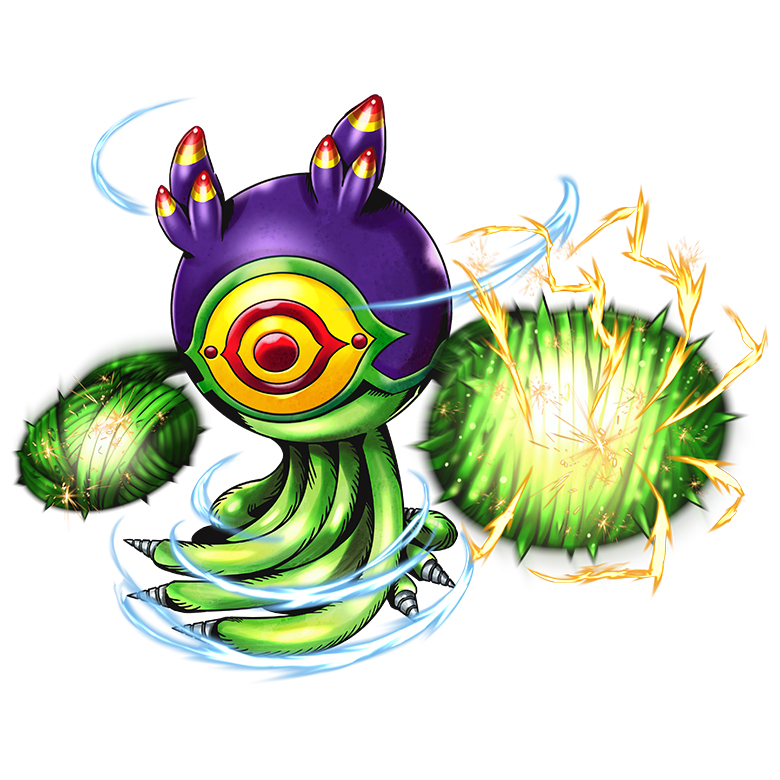 algomon algomon_child antennae digimon digimon_(creature) floating monster multicolored_eyes official_art red_eyes simple_background solo spikes tentacles white_background yellow_eyes
