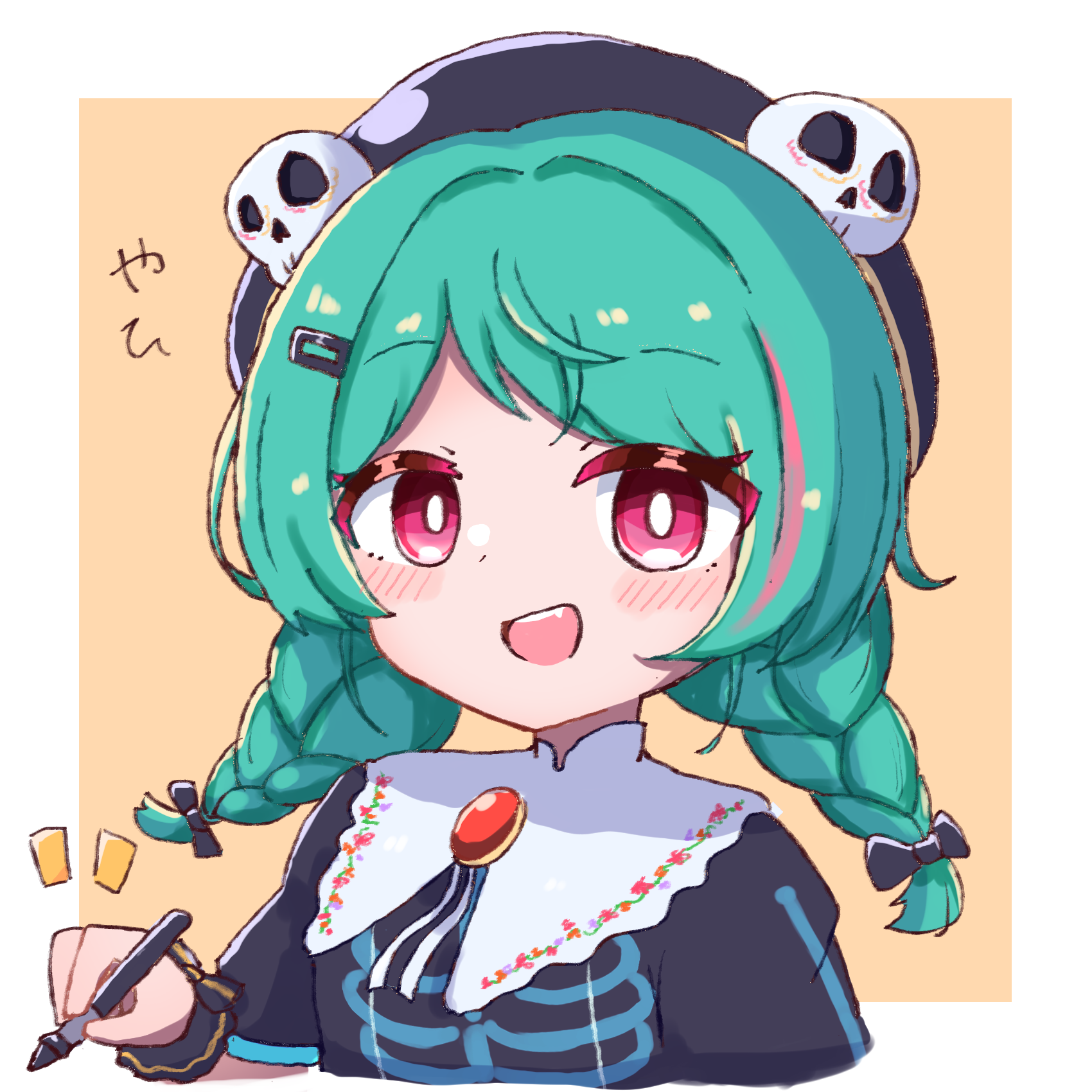 1girl aqua_hair black_bow black_hat blush border bow braid capelet commentary_request cropped_torso fang hair_bow hair_ornament hairclip hand_up hat hat_ornament highres holding holding_stylus indie_virtual_youtuber long_hair looking_at_viewer multicolored_hair notice_lines open_mouth outside_border pink_hair red_eyes saeki_yahiro sasugane_watashi simple_background skeleton_print skull_hat_ornament solo streaked_hair stylus tareme twin_braids upper_body virtual_youtuber white_border white_capelet