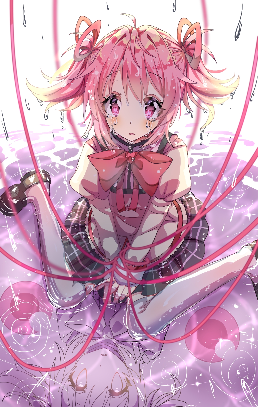 1girl black_skirt bound bound_arms bow bowtie brown_shirt brown_shoes collared_shirt commentary_request crying crying_with_eyes_open dot_nose eyelashes full_body hair_between_eyes hair_ribbon high_collar highres juliet_sleeves kaname_madoka kyubey lace lace-trimmed_shirt lace-trimmed_sleeves lace_trim light_blush long_sleeves mahou_shoujo_madoka_magica mahou_shoujo_madoka_magica_(anime) miniskirt mitakihara_school_uniform parted_lips pink_eyes pink_hair plaid_clothes plaid_skirt pleated_skirt puffy_sleeves rain red_bow red_bowtie red_ribbon reflection reflective_water ribbon ripples sad sakuya_no_aotori school_uniform shirt shoes short_hair short_twintails sitting sitting_on_water skirt solo tareme teardrop tears thighhighs twintails uwabaki wariza wet white_sleeve_cuffs white_thighhighs