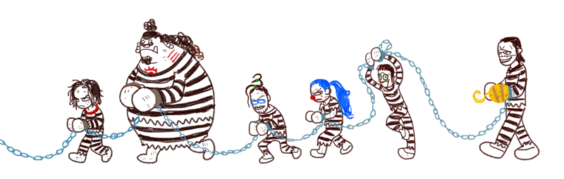 6+boys arms_up beard_stubble blue_hair bon_clay buggy_the_clown chest_tattoo commentary crocodile_(one_piece) english_commentary facial_hair galdino glasses hair_slicked_back half_updo hook_hand jinbe_(one_piece) male_focus multiple_boys one_piece pikaole ponytail portgas_d._ace prison_clothes red_nose smile stitched_face stitches stubble sun_symbol sun_tattoo tan tattoo tusks walking