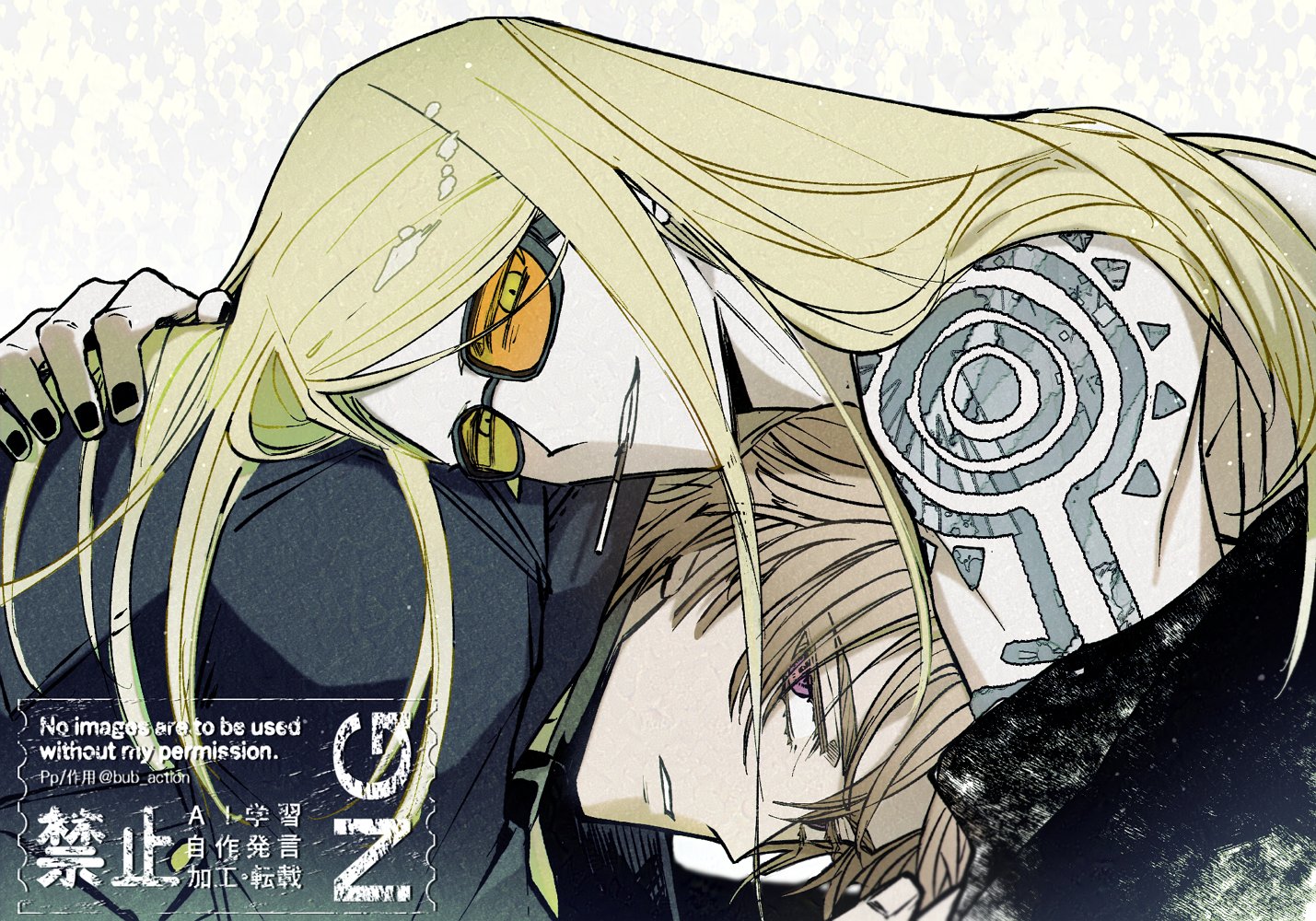 2boys arm_tattoo black_coat blonde_hair bub_action coat daybit_sem_void fate/grand_order fate_(series) long_hair multiple_boys tattoo tezcatlipoca_(fate)