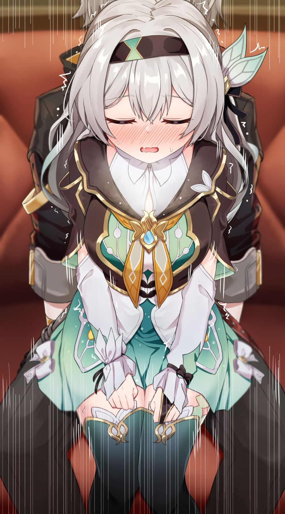 1boy 1girl aqua_skirt aqua_thighhighs black_hairband black_jacket blush bridal_gauntlets caelus_(honkai:_star_rail) closed_eyes commentary_request firefly_(honkai:_star_rail) grey_hair hair_intakes hair_ornament hairband highres honkai:_star_rail honkai_(series) implied_sex jacket nenosame open_mouth single_bridal_gauntlet sitting sitting_on_person skirt sweat thighhighs trailblazer_(honkai:_star_rail) trembling