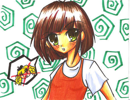 2girls angela_anaconda angela_anaconda_(character) angry beret black_headwear blonde_hair blush brown_hair canada dress freckles green_eyes hat industrieller long_hair lowres multiple_girls nanette_manoir nickelodeon orange_dress raised_eyebrow shirt short_hair short_sleeves sleeveless sleeveless_dress spiral spiral_background upper_body white_background white_shirt x