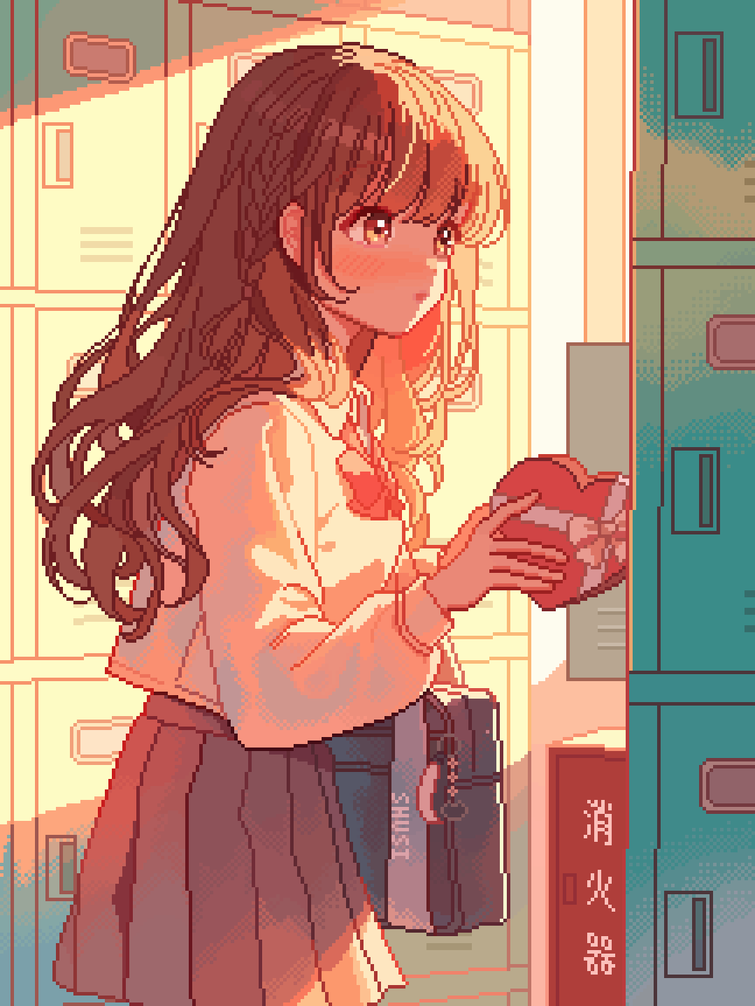 1girl artist_name bag blunt_bangs blush bow bowtie box braid commentary_request fire_extinguisher heart-shaped_box highres locker long_hair orange_hair orange_theme original pixel_art pleated_skirt school school_bag school_uniform shusi_(6muuu3) side_braid skirt solo sunset valentine