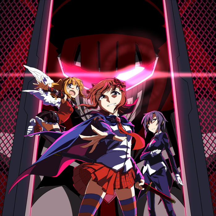 3girls amami_haruka cape detached_sleeves evil_grin evil_smile fingerless_gloves gloves grin harustein idolmaster idolmaster_(classic) kikuchi_makoto looking_at_viewer mujin_gattai_kisaragi multiple_girls smile striped_clothes striped_legwear striped_thighhighs sword takatsuki_yayoi takeya_yuuki thighhighs tuxedo weapon white_gloves wings
