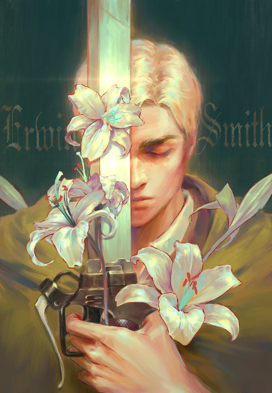 1boy blonde_hair character_name cloak closed_eyes closed_mouth collared_shirt commentary erwin_smith flower green_background hashtag-only_commentary highres holding holding_sword holding_weapon leaf lily_(flower) male_focus one_eye_covered plant shingeki_no_kyojin shirt short_hair solo sword thick_eyebrows three-dimensional_maneuver_gear upper_body weapon whistle_0324 white_flower white_shirt yellow_cloak