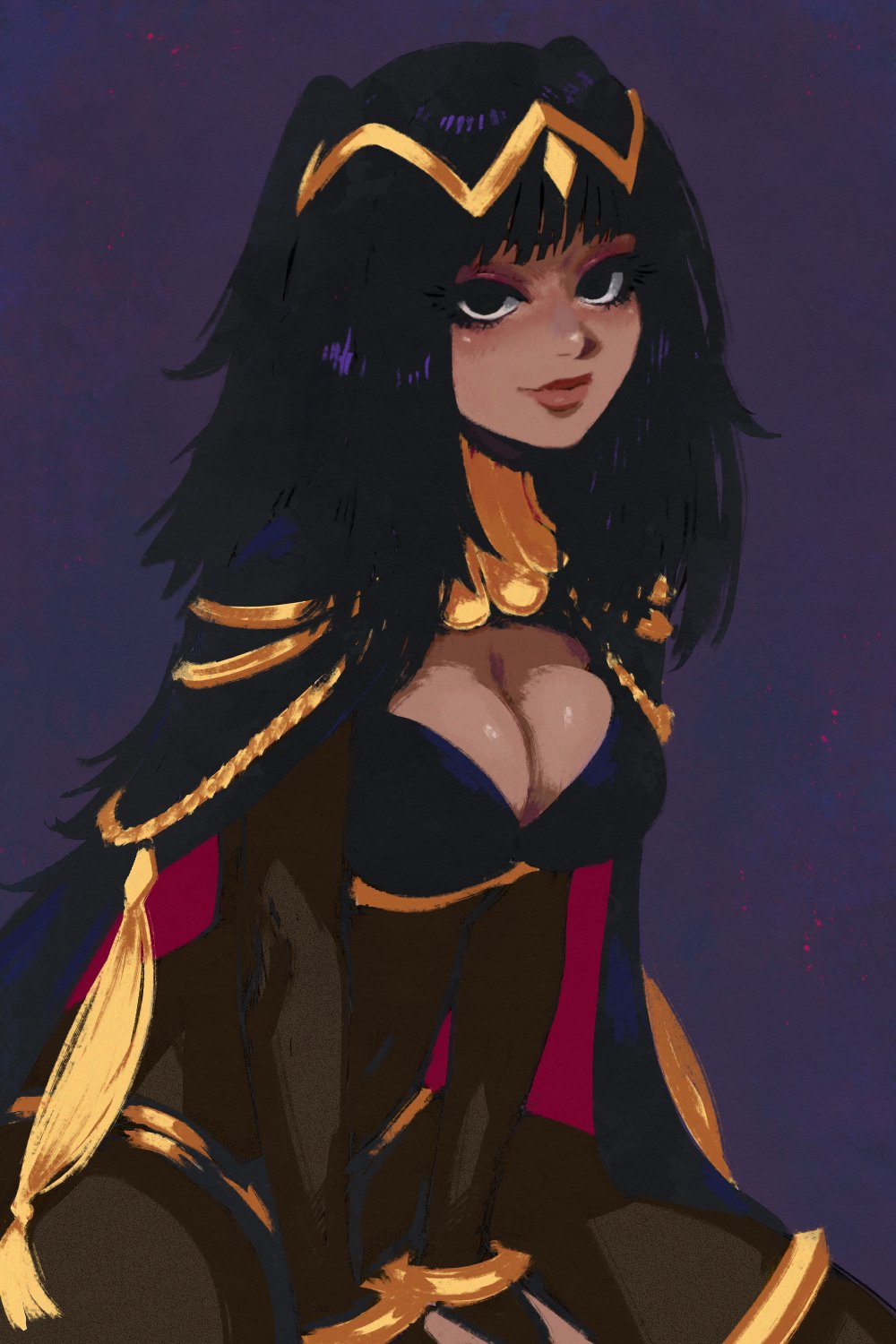 1girl akairiot arm_support black_eyes breasts cape circlet cleavage covered_navel fingerless_gloves fire_emblem gloves gold_circlet highres large_breasts legs long_hair looking_at_viewer makeup nintendo purple_hair sitting smile solo tharja_(fire_emblem) thighs twintails