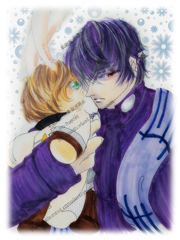 1boy beelzebub_(shuumatsu_no_valkyrie) black_hair blue_sash closed_mouth high_collar holding holding_stuffed_toy jewelry long_sleeves male_focus nikola_tesla_(shuumatsu_no_valkyrie) pointy_ears purple_robe red_eyes robe sash short_hair shuumatsu_no_valkyrie solo stuffed_toy