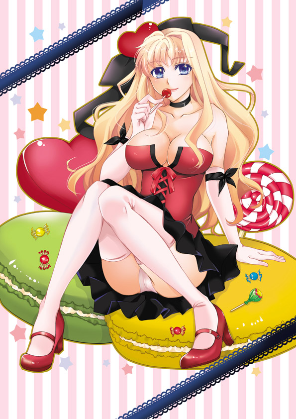 1girl arm_support bare_shoulders blonde_hair blue_eyes blush breasts bustier candy choker cleavage collarbone elbow_gloves female_focus food full_body gloves heart high_heels large_breasts lingerie lollipop macaron macross macross_frontier panties pantyshot satou_(satottoro) sheryl_nome shoes sitting skirt solo star_(symbol) striped_background thighhighs underwear white_thighhighs