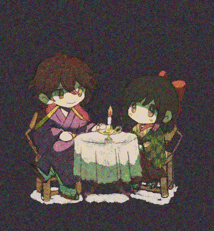 1boy 1girl ayazuki_mei black_background black_footwear black_kimono black_sleeves blue_hakama blue_kimono blue_sleeves blush_stickers bow brown_eyes brown_footwear brown_hair candle candlestand cape checkered_clothes checkered_kimono checkered_sleeves chibi closed_mouth commentary_request couple dark dating film_grain fire full_body hair_bow hakama hakama_pants hakama_skirt heavy_film_grain hetero japanese_clothes kawakami_otojirou kimono long_sleeves looking_ahead looking_at_another meiji_tokyo_renka no_mouth on_chair pants red_bow red_cape red_hakama sandals short_hair short_kimono sitting skirt smile socks sugi_haeru table two-tone_kimono two-tone_sleeves white_socks wide_sleeves yellow_kimono yellow_sleeves zouri