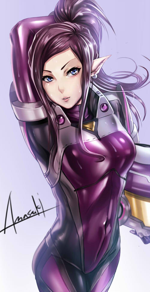 1girl amasaki_yusuke blue_eyes bodysuit breasts commentary_request cropped earrings gloves unworn_headwear helmet unworn_helmet jewelry lips looking_at_viewer macross macross_delta mirage_farina_jenius pilot_suit ponytail purple_hair science_fiction signature spacesuit upper_body