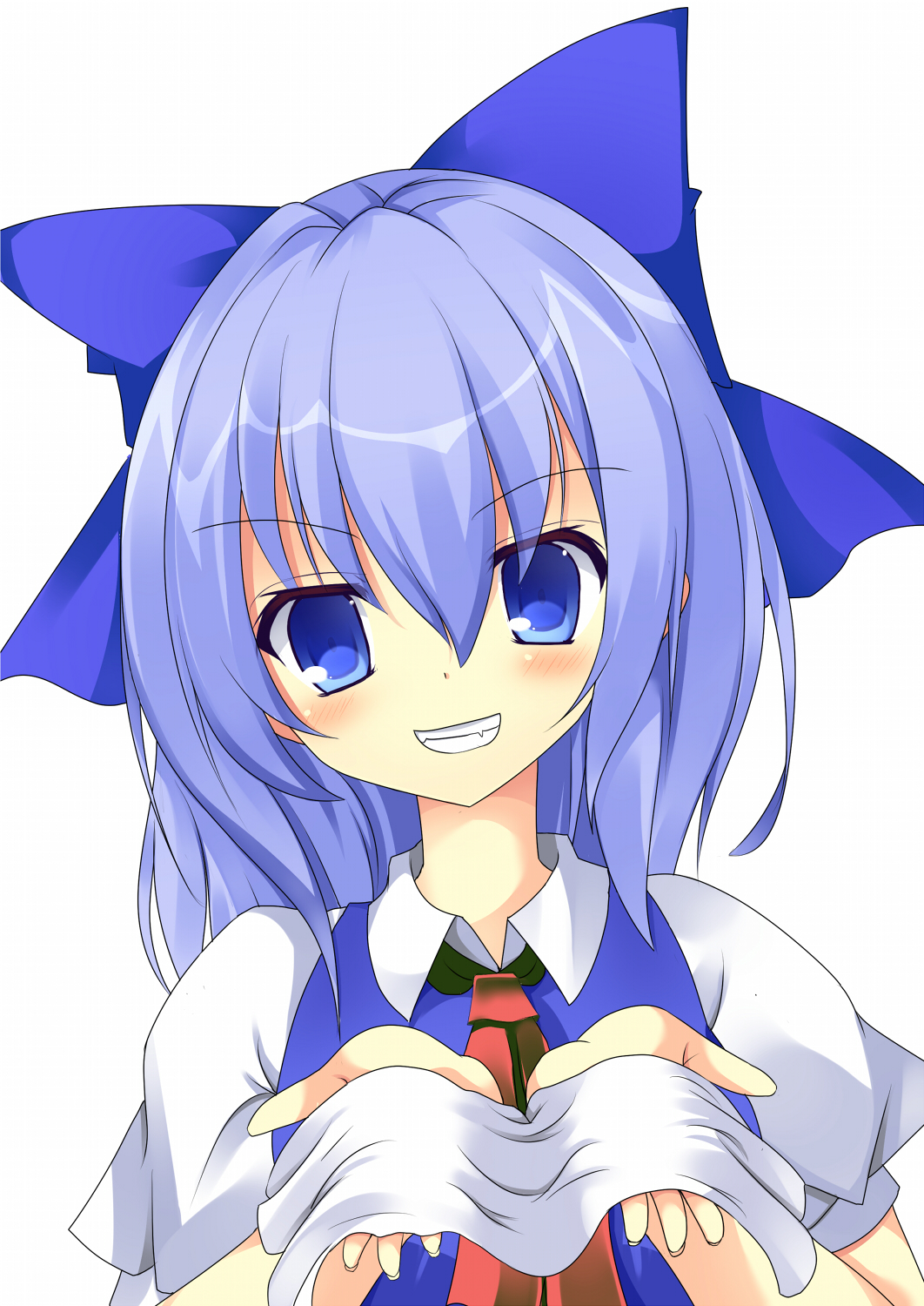 1girl blue_eyes blue_hair blush cirno collared_shirt commentary_request cookie_(touhou) dress grin hair_between_eyes highres holding holding_towel kurikinton_(cookie) looking_at_viewer medium_hair necktie pinafore_dress puffy_short_sleeves puffy_sleeves red_necktie shirt short_sleeves simple_background sleeveless_dress smile solo szk touhou towel upper_body white_background white_shirt