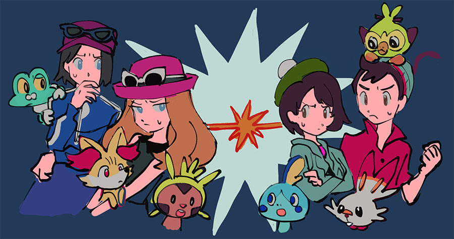 2boys 2girls black_hair blue_eyes blue_jacket bob_cut brown_eyes brown_hair calem_(pokemon) chespin clenched_hand crossed_arms eyewear_on_headwear fennekin froakie gen_6_pokemon gen_8_pokemon gloria_(pokemon) grookey jacket long_hair multiple_boys multiple_girls nintendo on_head pokemon pokemon_(creature) pokemon_on_head pokemon_swsh pokemon_xy pom_pom_(clothes) sanigo scorbunny serena_(pokemon) short_hair sobble starter_pokemon_trio sunglasses victor_(pokemon)