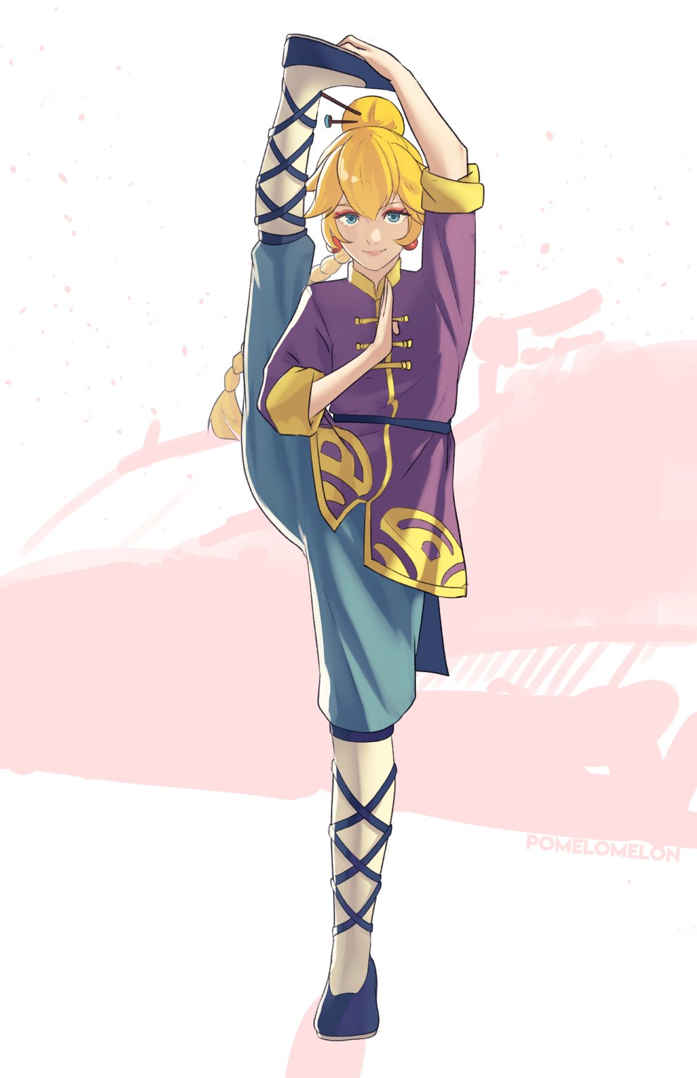 1girl blonde_hair blue_eyes braid braided_ponytail earrings eyeshadow full_body highres jewelry kung_fu_peach leg_grab long_hair looking_at_viewer makeup mario_(series) nintendo pink_background pomelomelon princess_peach princess_peach:_showtime! smile solo split standing standing_on_one_leg standing_split