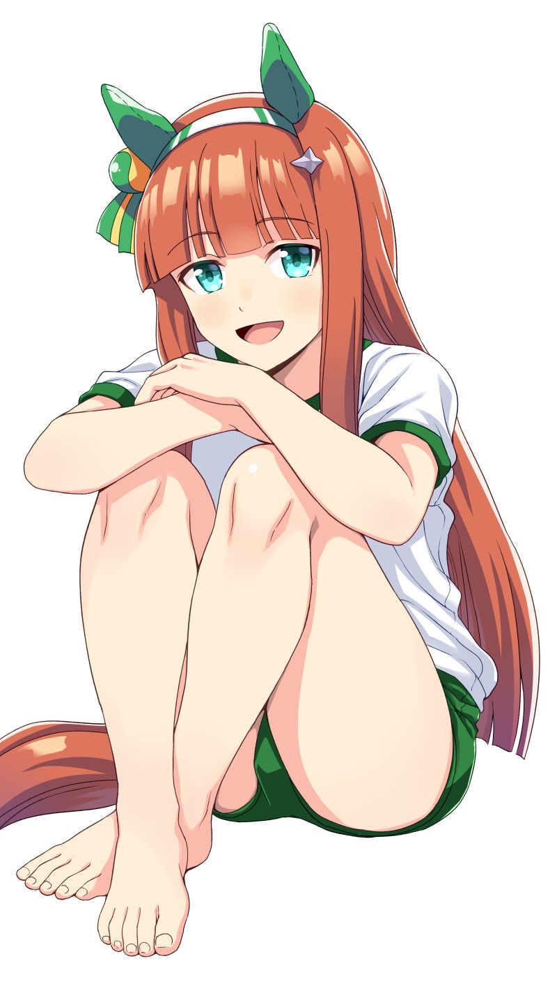 1girl animal_ears barefoot blunt_bangs buruma ear_covers full_body green_buruma green_eyes gym_shirt gym_uniform hairband highres hime_cut horse_ears horse_girl horse_tail long_hair looking_at_viewer open_clothes open_shirt orange_hair ponzu_rui shirt silence_suzuka_(umamusume) simple_background sitting smile solo t-shirt tail umamusume white_background white_hairband white_shirt