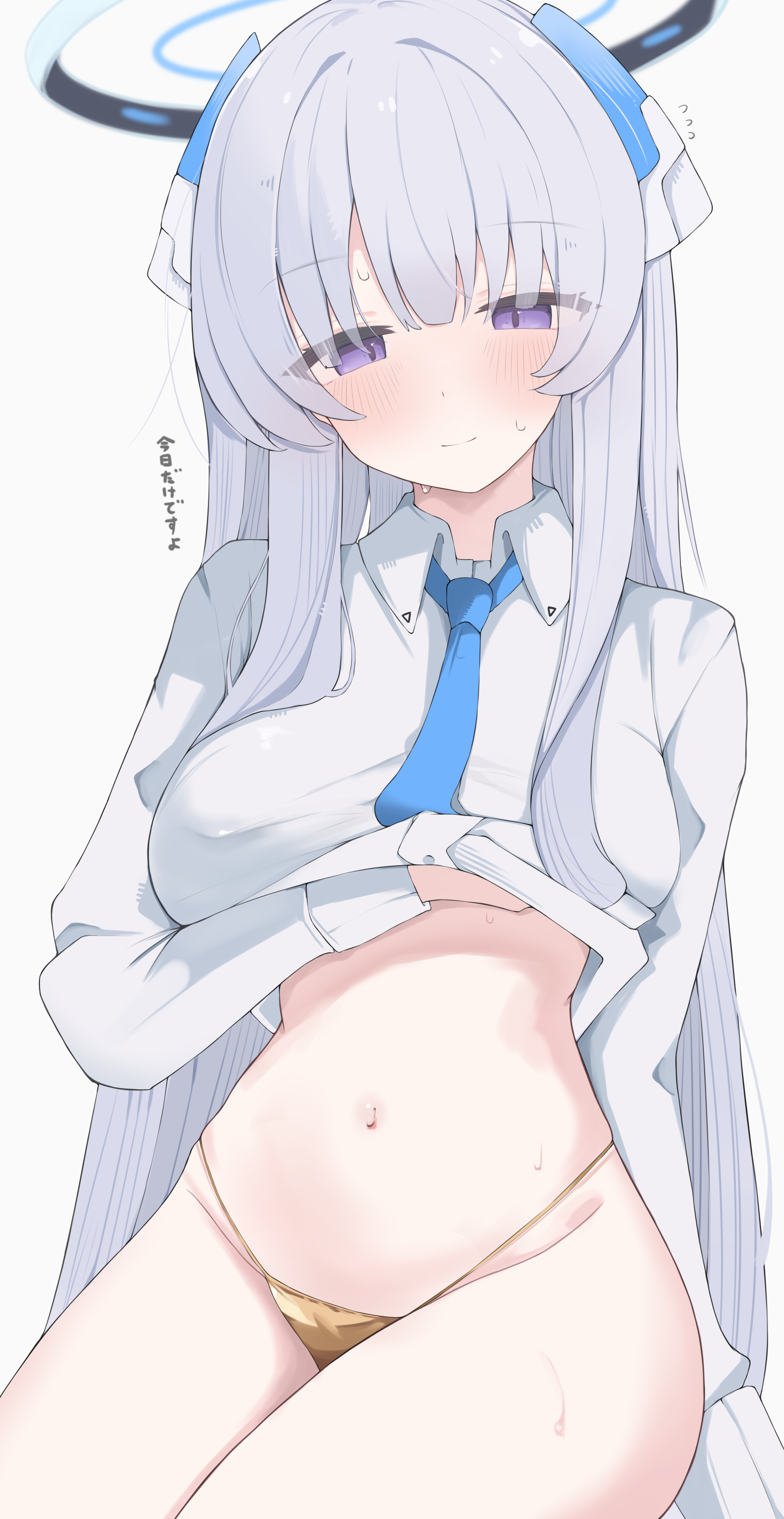 1girl absurdres bikini bikini_bottom_only blue_archive blue_necktie blush breasts clothes_lift commentary flying_sweatdrops gold_bikini grey_hair halo headgear highleg highleg_bikini highres large_breasts light_smile long_hair long_sleeves looking_at_viewer navel necktie no_pants noa_(blue_archive) nui_(nuinui0300) purple_eyes shirt shirt_lift simple_background sitting solo stomach straight_hair string_bikini sweat swimsuit thighs translation_request very_long_hair white_background white_shirt