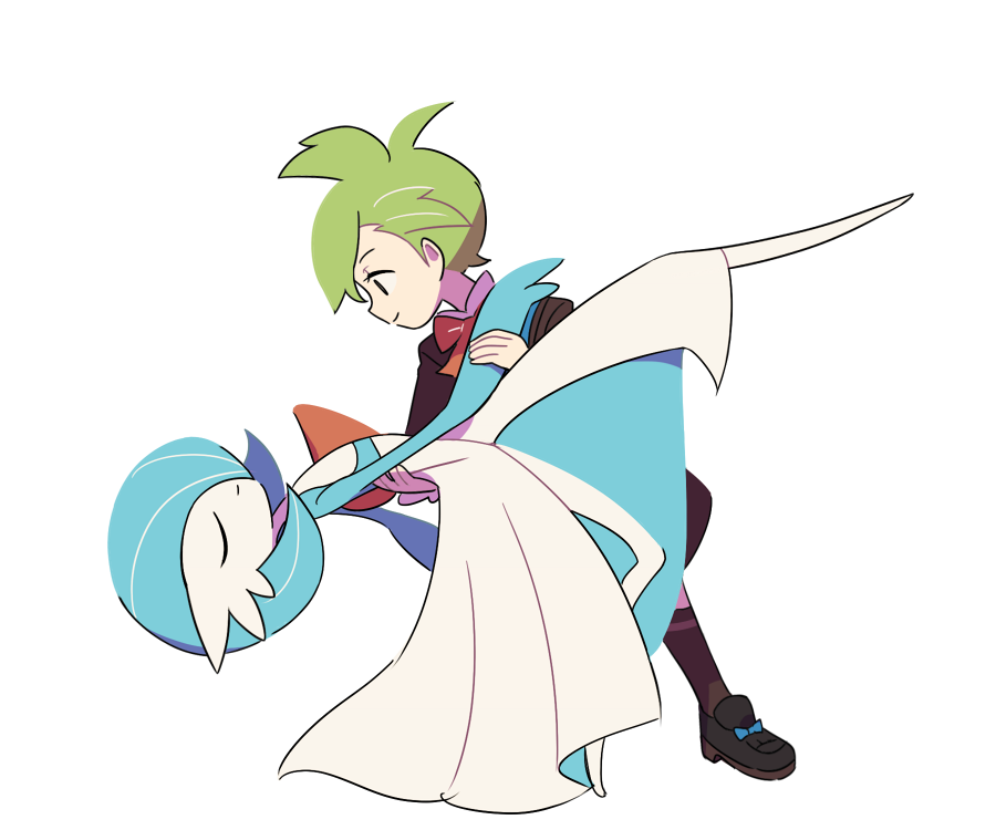 1boy alternate_color black_footwear blue_ribbon bow bowtie closed_eyes closed_mouth coat commentary dancing footwear_ribbon from_side gardevoir gen_3_pokemon green_hair hand_on_another&#039;s_back kneehighs looking_at_another male_focus nintendo no_feet official_alternate_costume orange_bow orange_bowtie pokemon pokemon_(creature) pokemon_masters_ex ribbon shiny_pokemon shoes short_hair shorts simple_background smile socks ssalbulre standing wally_(pokemon) wally_(sygna_suit)_(pokemon) white_background