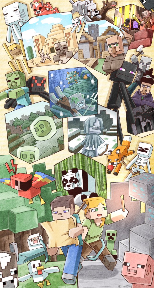 1other 2boys 2girls alex_(minecraft) animal animal_ears axe bald bamboo bamboo_forest bird black_eyes black_headwear black_skin blaze_(minecraft) blue_eyes blue_pants blue_shirt bow_(weapon) brown_hair brown_pants brown_shirt bug building cactus cat cat_(minecraft) cave_interior chicken chicken_(minecraft) closed_eyes colored_skin cow cow_(minecraft) creature creeper crossed_arms dark_skin day dead_plants desert diamond_(gemstone) dress drowned_(minecraft) ender_dragon enderman fighting_stance flying forest fox fox_(minecraft) ghast golden_sword grass green_eyes green_pants green_shirt green_skin grey_footwear grey_shirt grey_skin guardian_(minecraft) hat highres holding holding_axe holding_bow_(weapon) holding_map holding_paper holding_pickaxe holding_sword holding_torch holding_polearm holding_weapon horse horse_(minecraft) house husk_(minecraft) lava long_nose long_sleeves looking_at_viewer map minecraft minecraft_pickaxe mooshroom mouth_hold multiple_boys multiple_girls nature nether_portal orange_hair outstretched_arms panda panda_(minecraft) pants paper parrot parrot_(minecraft) pickaxe pig pig_(minecraft) pig_ears pig_snout piglin plant polearm purple_dress rabbit rabbit_(minecraft) raihachi reading red_bird red_eyes seafloor shirt short_hair short_sleeves side_ponytail skeleton skeleton_(minecraft) slime_(creature) slime_(minecraft) snow spider spider_(minecraft) squid squid_(minecraft) standing steve_(minecraft) stray_(minecraft) swimming sword t-shirt temple tentacles the_end_(minecraft) the_nether_(minecraft) thick_eyebrows tools torch tree trident undead underwater very_dark_skin village villager_(minecraft) vindicator_(minecraft) walking weapon weapon_on_back wetland white_cat witch witch_(minecraft) witch_hat wither_skeleton_(minecraft) wolf wolf_(minecraft) zombie zombie_(minecraft) zombie_pose