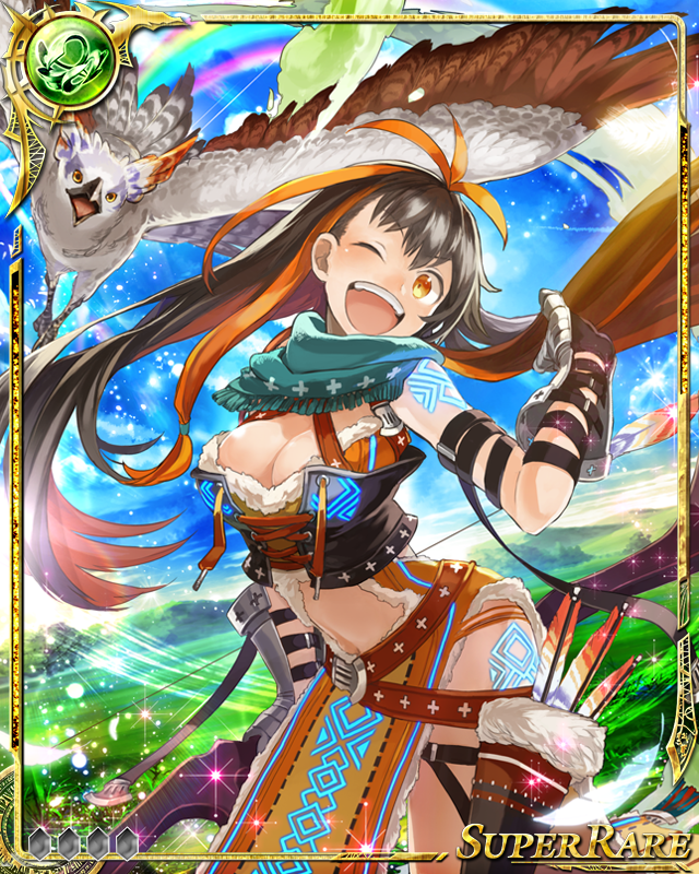 1girl ;d ahoge almira_(ta_ga_tame_no_alchemist) arrow_(projectile) bird black_hair blue_sky boots bow_(weapon) breasts cleavage cowboy_shot day dragon_genesis floating_hair glowing_tattoo holding holding_bow_(weapon) holding_weapon long_hair looking_at_viewer medium_breasts multicolored_hair official_art one_eye_closed open-toe_boots open_mouth orange_eyes orange_hair outdoors pelvic_curtain quiver rainbow second-party_source sky smile solo standing ta_ga_tame_no_alchemist teeth tribal two-tone_hair upper_teeth_only very_long_hair watarubou weapon