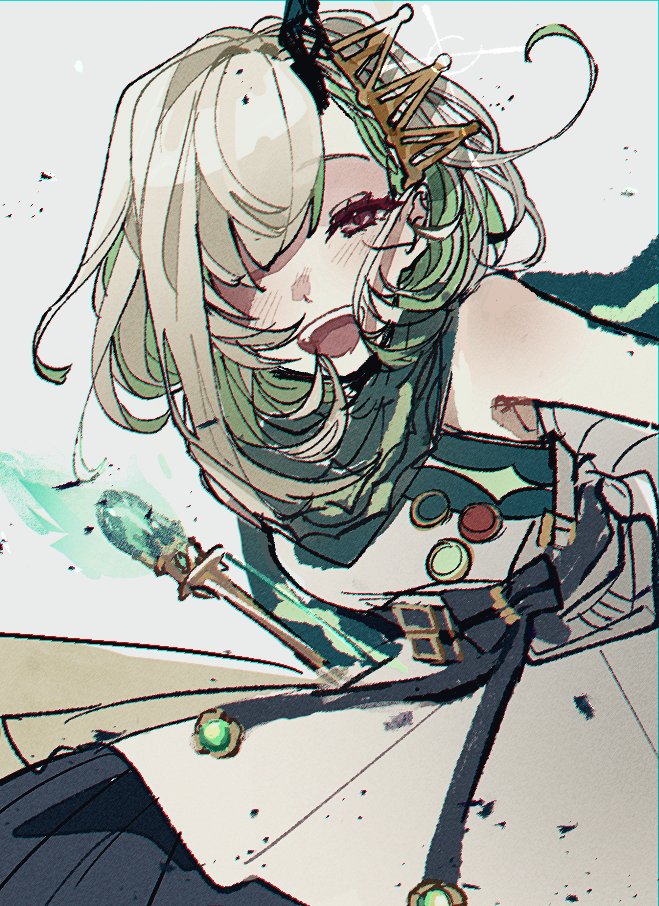 1girl apron belt blonde_hair blush bow_(music) dress green_hair grey_background hair_ornament hairclip happy little_match_girl_(sinoalice) looking_at_viewer multicolored_hair open_mouth red_eyes scarf simple_background sinoalice sketch two-tone_hair uta1998 white_apron