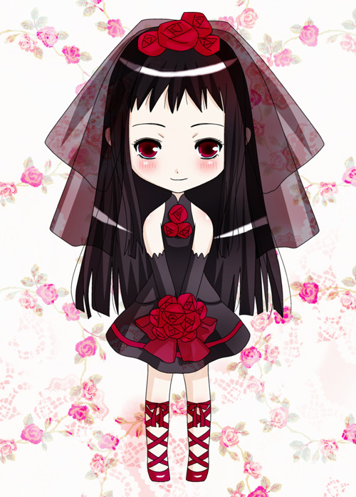 1girl ankle_lace-up ar_tonelico ar_tonelico_ii black_hair blush bouquet dress female_focus flower inumori_sayaka jakuri_(ar_tonelico) long_hair red_eyes solo veil