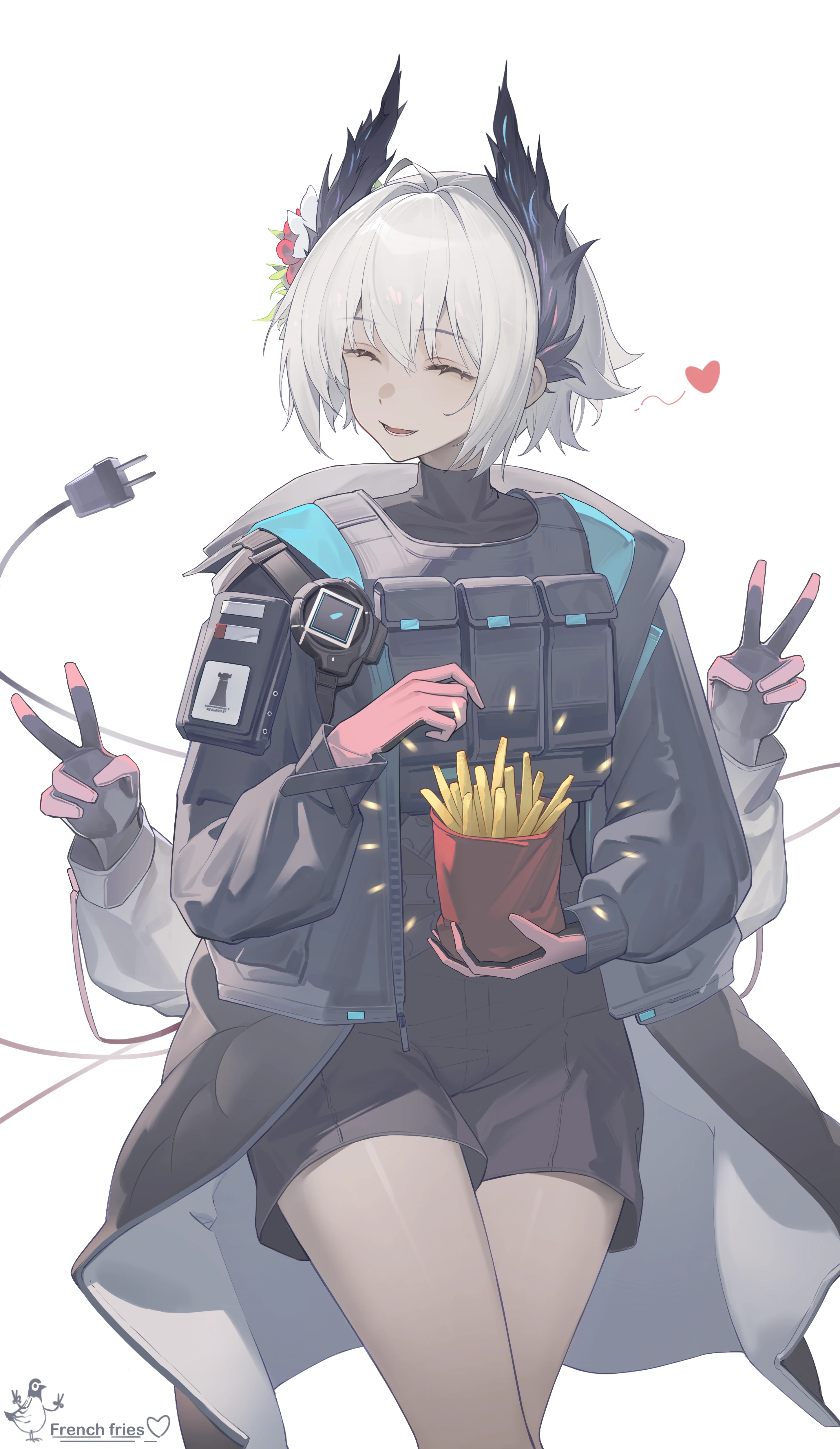 1girl 2sankta arknights bilibili black_coat closed_eyes coat cowboy_shot dark-skinned_female dark_skin double_v electric_plug food french_fries greyscale heart monochrome pink_hair raidian_(arknights) short_hair shorts simple_background smile solo thigh_gap v white_background