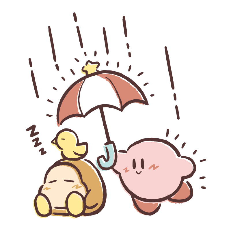 :&gt; =_= animal animal_on_head artist_request bird bird_on_head blush closed_eyes closed_mouth full_body holding holding_umbrella kirby kirby_(series) nintendo no_humans no_mouth official_art on_head rain second-party_source sitting sleeping smile standing standing_on_one_leg transparent_background twizzy umbrella waddle_dee yellow_bird zzz