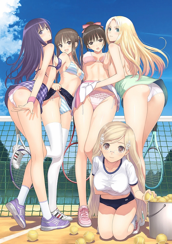 00s 5girls :d ass ball bare_shoulders blonde_hair blue_sky bow bow_panties bra breast_press breasts brown_eyes brown_hair bucket buruma clothes_lift cloud collarbone date_wingfield_reiko day fault!! female_focus flower frilled_panties frills from_below full_body glasses green_eyes gym_uniform hair_flower hair_ornament hayama_rika kamiwazumi_maya kneeling long_hair long_legs looking_at_viewer looking_back midriff multiple_girls navel no_socks open_mouth outdoors panties pink_bra pink_panties plaid_bra plaid_clothes plaid_skirt purple_bra purple_eyes purple_hair racket saeki_ai sample_watermark shirt side-tie_panties sideboob skirt skirt_lift sky small_breasts smile standing striped_bra striped_clothes striped_panties sugiyama_mio taut_clothes taut_shirt tennis_ball tennis_net tennis_racket tony_taka topless_female twintails underwear watermark white_legwear white_panties wristband