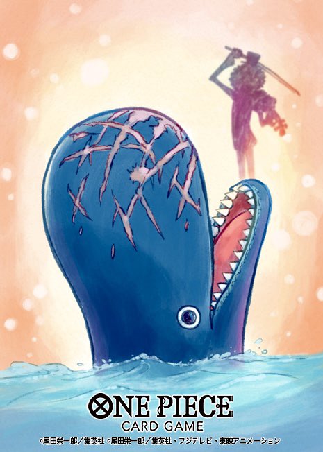 1boy afro animal brook_(one_piece) commentary_request copyright_name hat holding holding_instrument holding_violin in_water instrument laboon official_art one_piece one_piece_card_game open_mouth orange_background scar shadow sharp_teeth sowsow teeth top_hat violin whale
