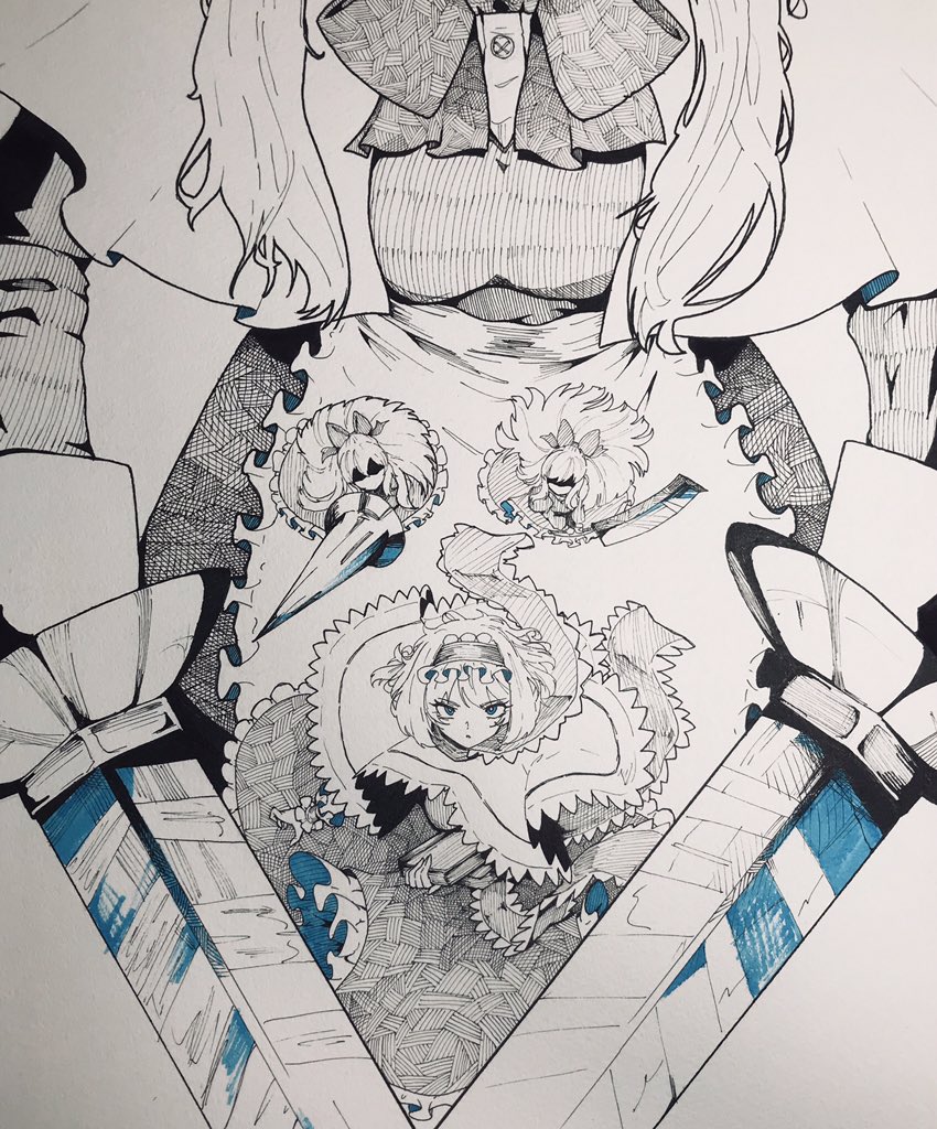 1girl alice_margatroid anderson_m0311 apron blue_eyes book bow capelet commentary_request dress frilled_dress frilled_hairband frills goliath_doll grimoire_of_alice hair_bow hairband hatchet hatching_(texture) holding holding_book holding_lance holding_polearm holding_weapon lance long_hair long_sleeves looking_at_viewer monochrome nata_(tool) polearm ribbon shanghai_doll short_hair simple_background sword touhou weapon