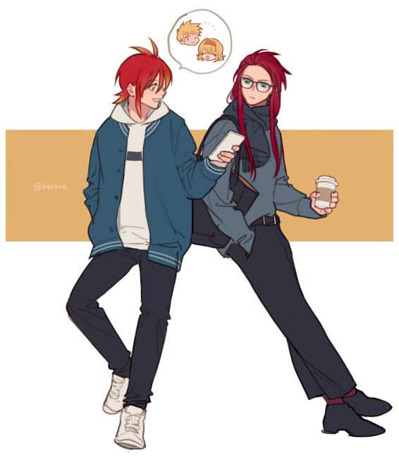 2boys alternate_costume asch_(tales) belt bespectacled black_footwear black_pants blue_eyes blue_scarf commentary_request cup disposable_coffee_cup disposable_cup glasses guy_cecil hand_in_pocket holding holding_cup holding_phone long_hair luke_fon_fabre male_focus medium_hair meiji_(pecosyr5) multiple_boys natalia_luzu_kimlasca_lanvaldear pants phone red_hair scarf shoes simple_background smile spoken_character tales_of_(series) tales_of_the_abyss teeth two-tone_background white_background white_footwear yellow_background