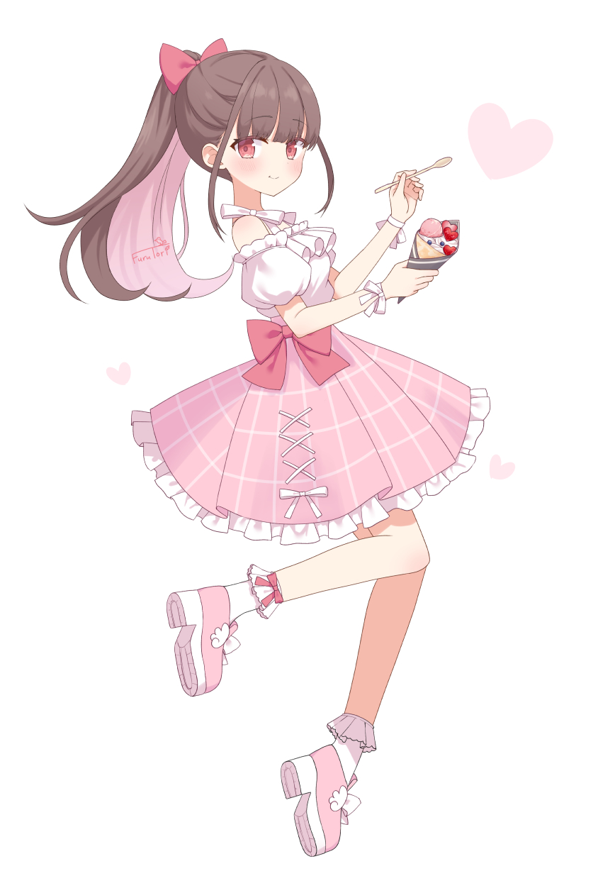 1girl blush bow breasts brown_hair closed_mouth dress food frilled_socks frills full_body furutori highres holding holding_ice_cream_cone holding_spoon ice_cream ice_cream_cone long_hair looking_at_viewer multicolored_hair original pink_dress pink_hair ponytail red_eyes ribbon shoes simple_background smile socks solo spoon two-tone_hair very_long_hair white_background