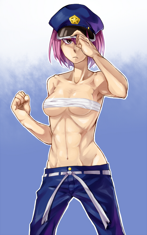 10s 147 1girl abs banchou binbougami_ga! breasts delinquent female_focus hat muscular navel pants pink_hair police_hat rindou_ranmaru sarashi short_hair solo sukeban tomboy