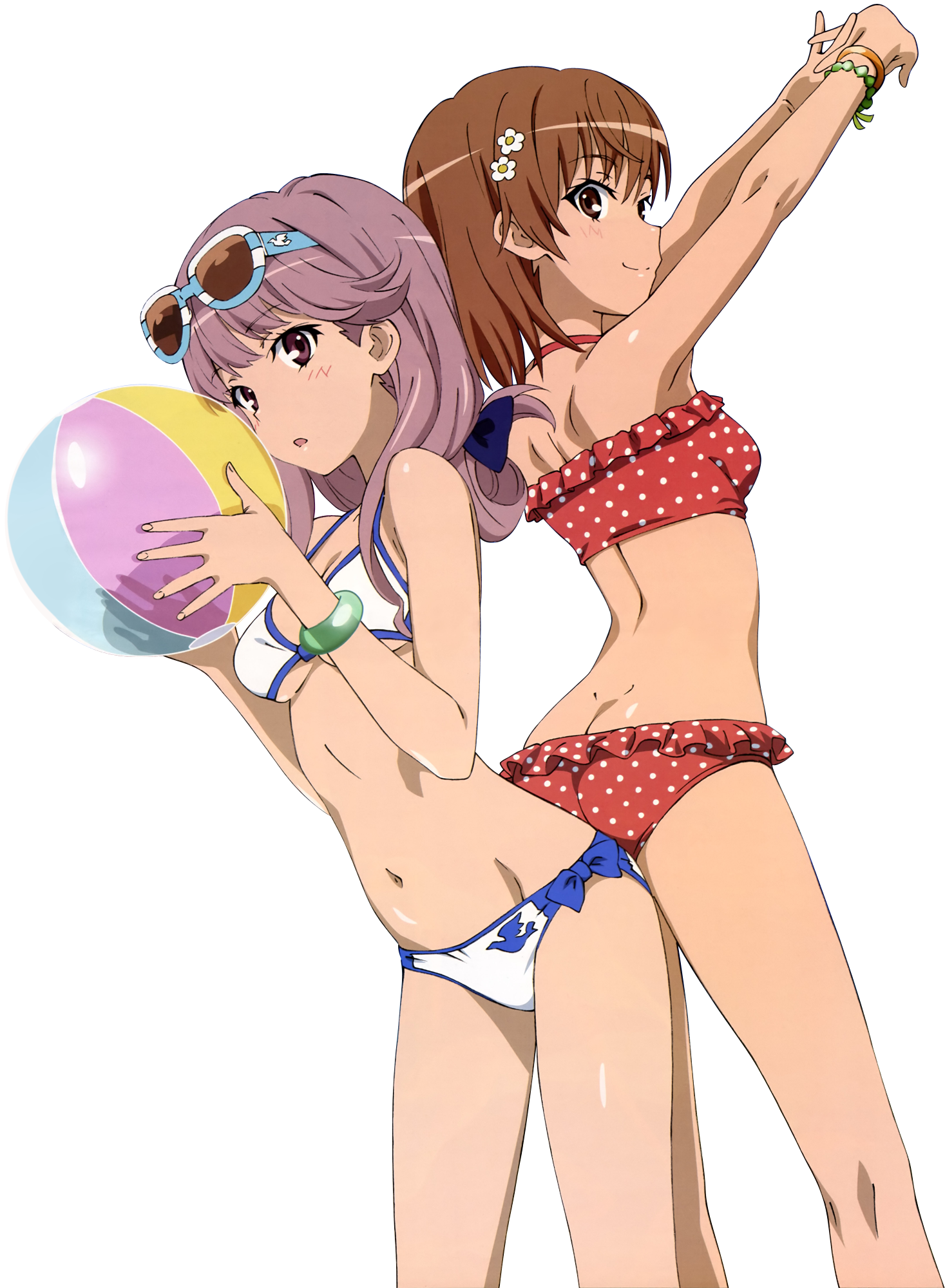 2girls ass ass-to-ass ball bikini breasts brown_eyes brown_hair butt_crack cleavage derivative_work dimples_of_venus highres holding holding_ball looking_at_viewer meigo_arisa misaka_mikoto multiple_girls navel purple_hair small_breasts smile swimsuit third-party_edit third-party_extraction toaru_majutsu_no_index transparent_background underboob vector_trace