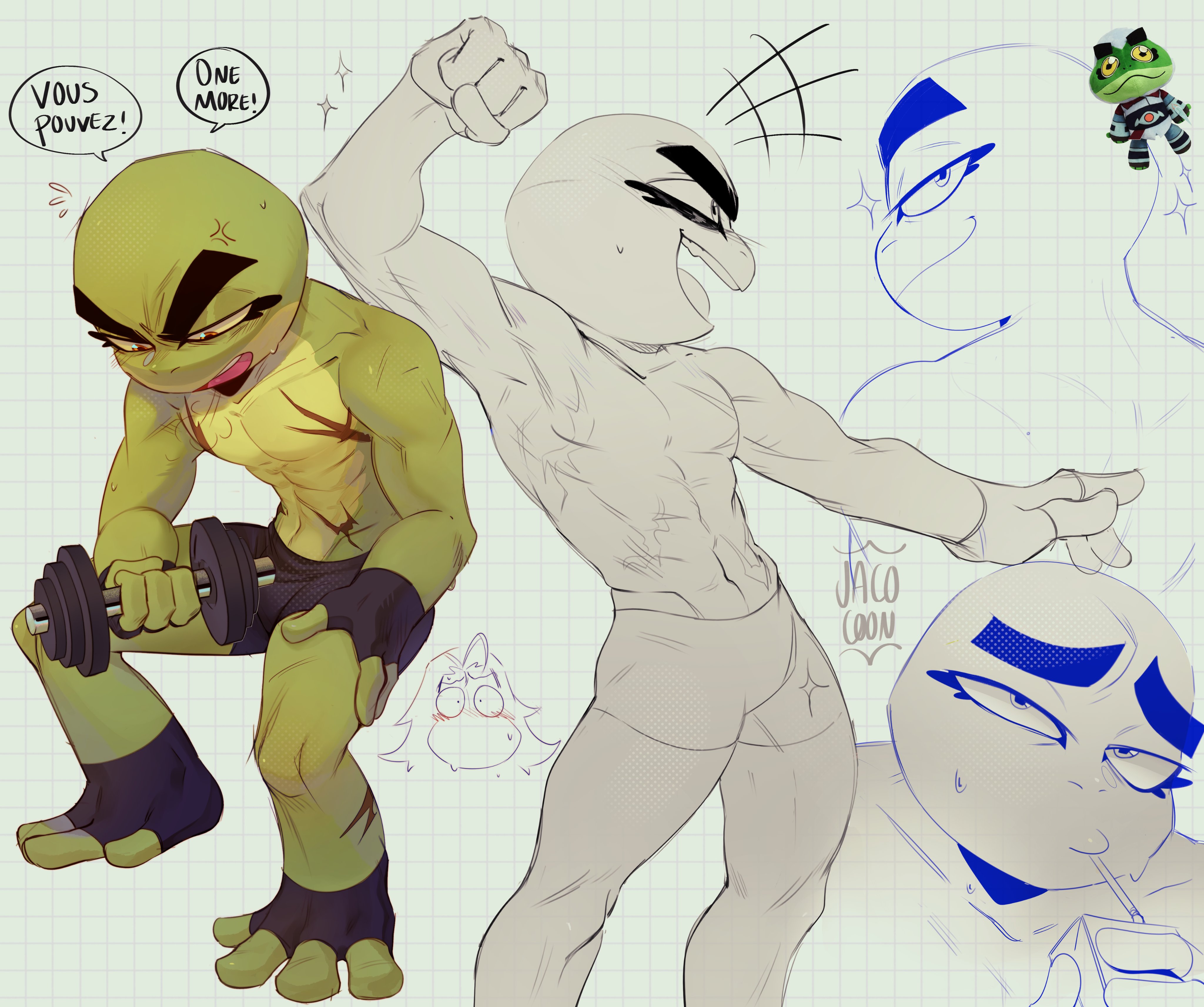 2boys absurdres bald black_male_underwear blush bullfrog_(captain_laserhawk) captain_laserhawk:_a_blood_dragon_remix clenched_hand colored_sclera colored_skin cropped_legs cropped_torso drinking exercising fingerless_gloves flying_sweatdrops from_side gloves green_skin grid_background highres jacocoon juice_box looking_at_viewer looking_down male_focus male_underwear multicolored_skin multiple_boys muscular muscular_male orange_eyes rayman rayman_(series) reference_inset scar shine standing sweat sweatdrop thick_eyebrows toeless_footwear two-tone_skin underwear weight yellow_sclera