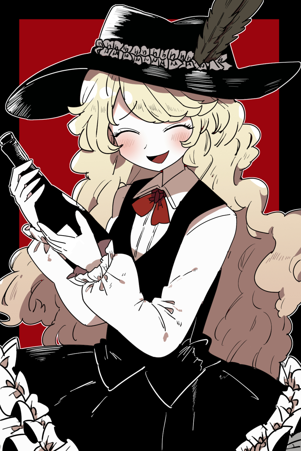 1girl :d black_border black_hat black_skirt black_vest blonde_hair blush bollzzalguy border bottle closed_eyes collared_shirt commentary_request frilled_hat frilled_skirt frilled_sleeves frills happy hat hat_feather highres holding holding_bottle jacket_girl_(dipp) long_hair long_sleeves neck_ribbon open_mouth red_background red_ribbon ribbon shirt skirt smile solo touhou very_long_hair vest wavy_hair white_shirt