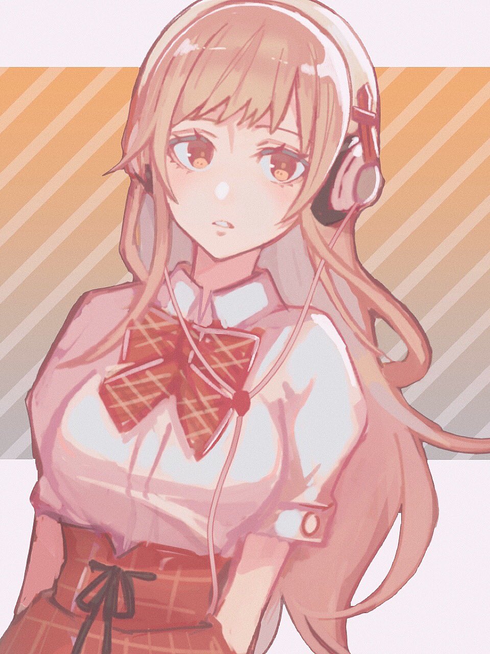 1girl 3ch_ bow breasts brown_eyes collared_shirt eyelashes female_focus grey_hair headphones highres long_hair looking_at_viewer matsunae_tsugumi medium_breasts parted_lips plaid_bow plaid_clothes plaid_skirt red_bow red_skirt school_uniform shin_subarashiki_kono_sekai shirt shirt_tucked_in short_sleeves skirt solo subarashiki_kono_sekai upper_body white_shirt