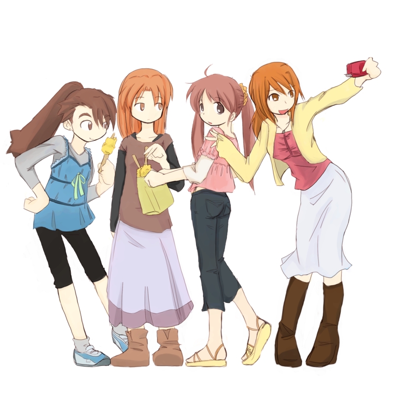 4girls brown_eyes casual futaba_channel hidoi kudoi looking_back medoi modoi multicolored_footwear multiple_girls nijiura_maids ponytail sandals simple_background skirt white_background