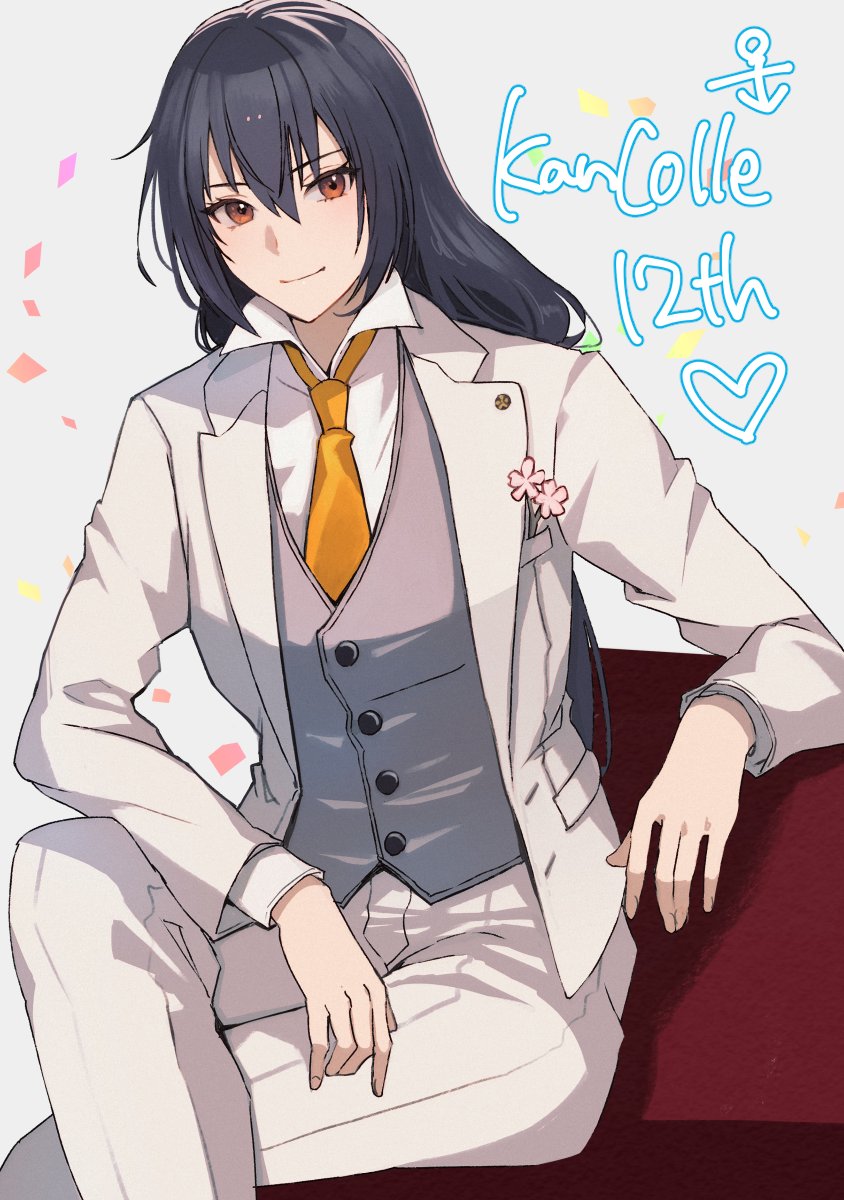 1girl black_hair blazer closed_mouth collared_shirt commentary confetti crossed_legs dress_shirt grey_background grey_vest hair_between_eyes heart highres jacket kantai_collection kasumi_(skchkko) long_hair looking_at_viewer nagato_(anniversary)_(kancolle) nagato_(kancolle) necktie pants red_eyes shirt simple_background sitting solo vest white_jacket white_pants white_shirt yellow_necktie