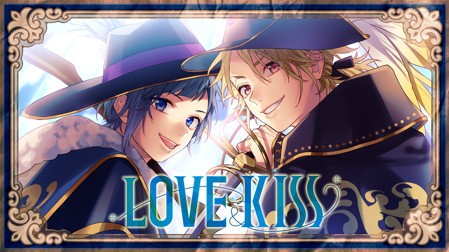 2boys blonde_hair blue_border blue_cloak blue_eyes blue_headwear border brown_border cloak commentary_request cross english_text hat holding holding_sword holding_weapon idol kokuhaku_jikkou_iinkai looking_at_viewer male_focus multicolored_border multiple_boys open_mouth ornate_border pink_lips ponytail shibasaki_aizou short_hair short_ponytail someya_yuujirou sword teeth upper_body weapon yamako_(state_of_children)