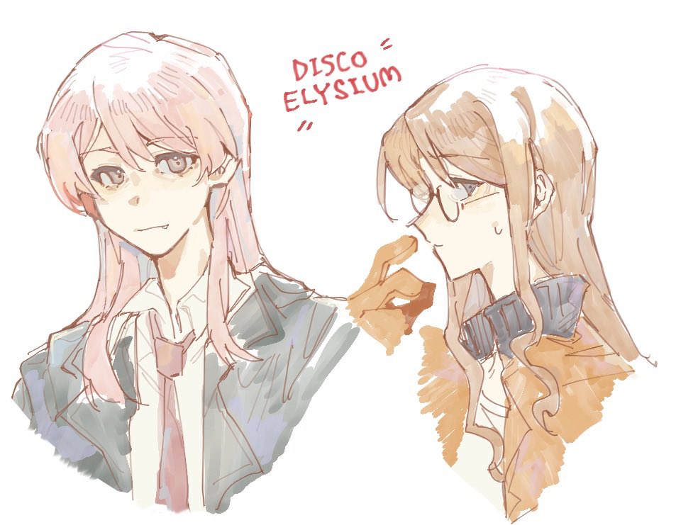 2girls b_cat610 bang_dream! bang_dream!_it&#039;s_mygo!!!!! brown_hair chihaya_anon closed_mouth commentary disco_elysium fang glasses grey_eyes hashtag-only_commentary long_hair multiple_girls nagasaki_soyo necktie pink_hair red_necktie shirt sidelocks simple_background white_background white_shirt