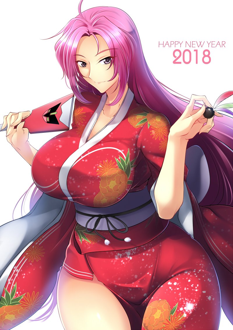 1girl 2018 breasts curvy female_focus haganef happy_new_year japanese_clothes kimono large_breasts long_hair looking_at_viewer new_year pink_hair purple_eyes selena_recital smile solo super_robot_wars super_robot_wars_alpha wide_hips