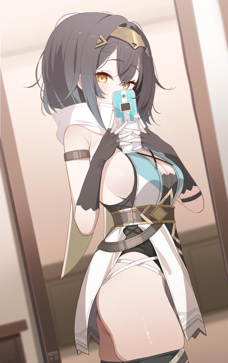 1girl amber_(stella_sora) armlet black_gloves black_hair black_leotard breasts cellphone cleavage cleavage_cutout clothing_cutout commentary cross-laced_clothes cross-laced_leotard crossed_bangs deyui dress fingerless_gloves flip_phone from_side gloves hair_between_eyes hair_ornament headband highres holding hooded_dress jewelry large_breasts leotard looking_at_viewer mirror_selfie phone selfie short_dress short_hair side_slit sideless_dress sideless_leotard skindentation sleeveless sleeveless_dress solo stella_sora thighhighs yellow_eyes