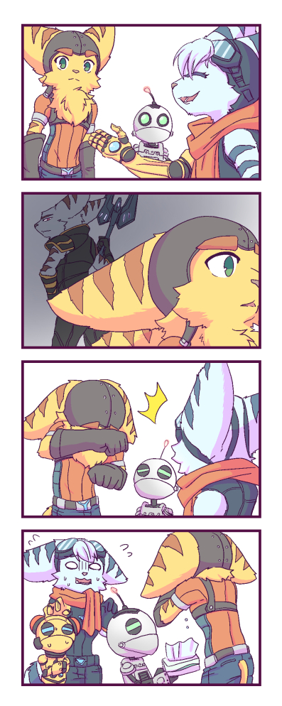 2boys 2girls 4koma alister_azimuth arms_up clank comic crying furry furry_female furry_male goggles goggles_on_head kit_(ratchet_&amp;_clank) lombax looking_at_another mechanical_arms multiple_boys multiple_girls ratchet_&amp;_clank ratchet_&amp;_clank:_rift_apart ratchet_(ratchet_&amp;_clank) rivet_(ratchet_&amp;_clank) robot scarf single_mechanical_arm smile striped_fur tail