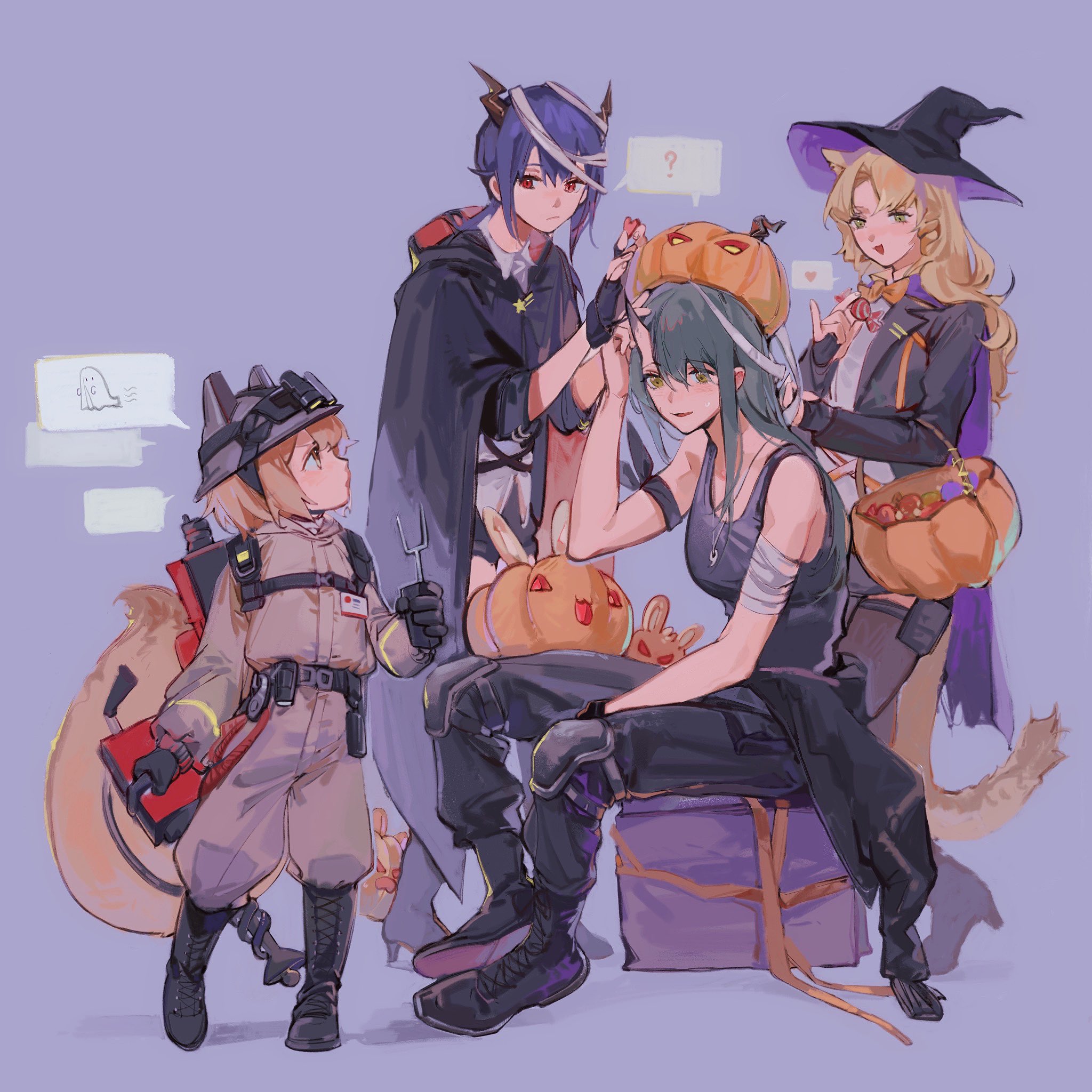 4girls ? alternate_costume animal_ears arknights bad_id bad_twitter_id bandaged_arm bandages black_cloak black_footwear black_gloves black_jacket black_pants black_shorts black_tank_top blonde_hair blue_hair blush boots bow bowtie breasts brown_hair bucket candy cape ch'en_(arknights) cloak closed_mouth clothes_around_waist collared_shirt commentary cross-laced_footwear drill_hair english_commentary facial_scar fingerless_gloves food full_body ghostbusters gloves green_eyes green_hair hair_between_eyes halloween halloween_costume hat heart helmet highres holding holding_bucket holding_candy holding_food horns hoshiguma_(arknights) jack-o'-lantern jacket jacket_around_waist jewelry knee_pads long_hair looking_at_another medium_breasts medium_hair mining_helmet multiple_girls necklace official_alternate_costume open_mouth orange_neckwear otammato pants ponytail pumpkin_hat purple_background purple_cape red_eyes scar scar_on_cheek scar_on_face shaw_(arknights) shaw_(cleansweeper_in_the_castle)_(arknights) shirt short_hair short_shorts shorts side_drill simple_background sitting skin-covered_horns sleeveless smile spoken_ghost spoken_heart spoken_question_mark squirrel_tail standing sweatdrop swire_(arknights) tail tank_top tiger_ears tiger_tail tuning_fork twin_drills white_shirt witch_hat yellow_eyes