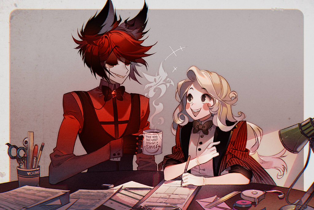 1boy 1girl alastor_(hazbin_hotel) blonde_hair blush_stickers charlie_morningstar demon_boy demon_girl hazbin_hotel kawacy looking_at_another red_eyes sharp_teeth teeth