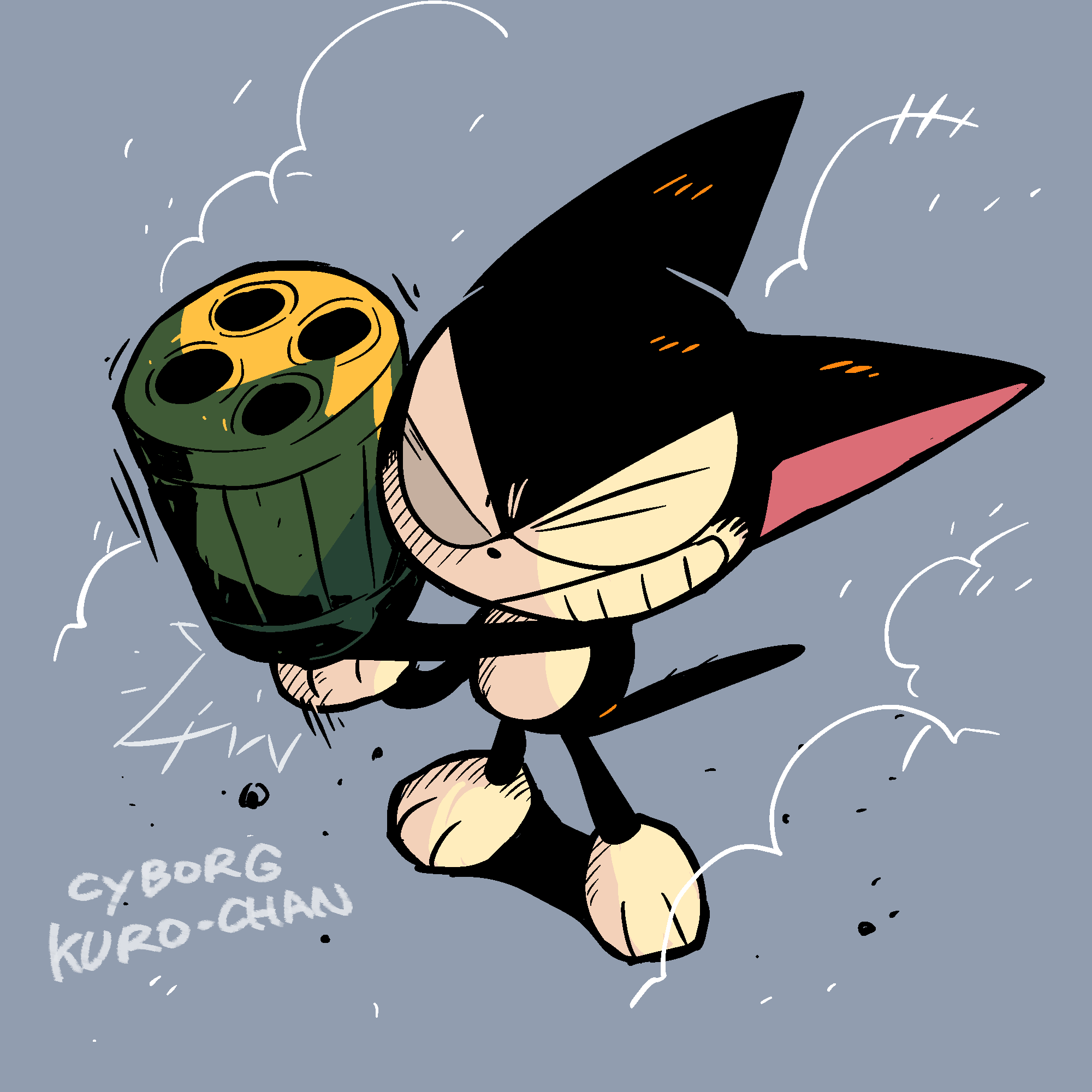 cat commentary copyright_name cyborg_kuro-chan full_body gun highres holding holding_gun holding_weapon kuro_(cyborg_kuro-chan) looking_at_viewer machine_gun no_humans one_eye_closed rariatto_(ganguri) sanpaku weapon