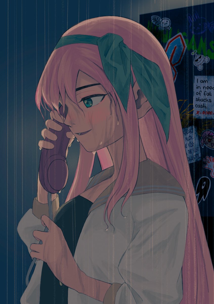 1girl aubrey_(faraway)_(omori) aubrey_(omori) blue_eyes blue_hairband character_sticker english_text from_side hairband highres holding holding_phone jacket jash_(omori) long_hair msdnno_kabe omori parted_lips phone pink_hair rain smile solo something_(omori) sprout_mole sweetheart_(omori) white_jacket