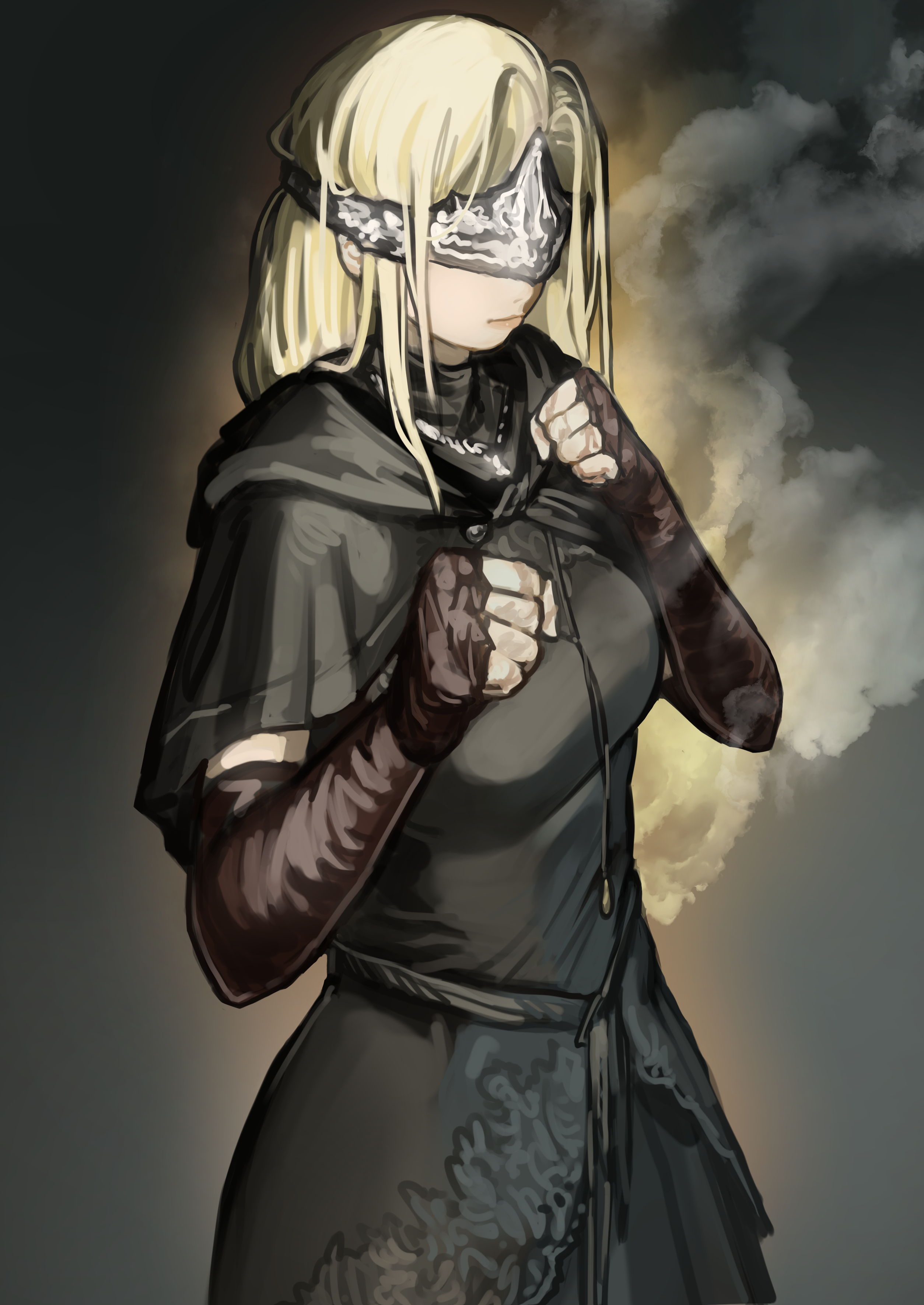 1girl absurdres arms_up black_background black_capelet black_dress blonde_hair breasts capelet clenched_hand closed_mouth commentary_request covered_eyes cowboy_shot dark_souls_(series) dark_souls_iii dress eye_mask fighting_stance fire_keeper highres large_breasts long_hair miao_jiangyou smoke solo standing